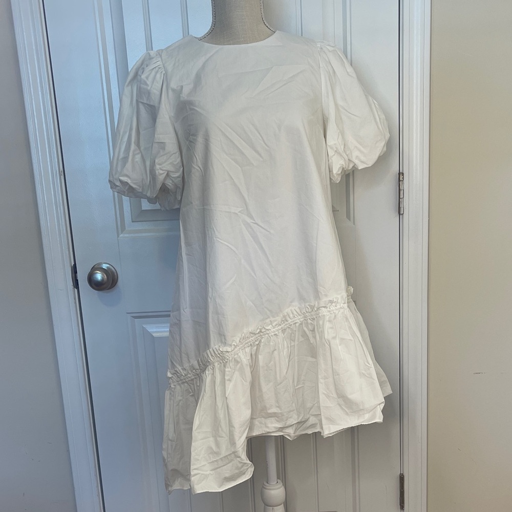 AUREUM WHITE OUT Puff Sleeve Dress COTTON NWOT! Gorgeous in person! SIZE SMALL